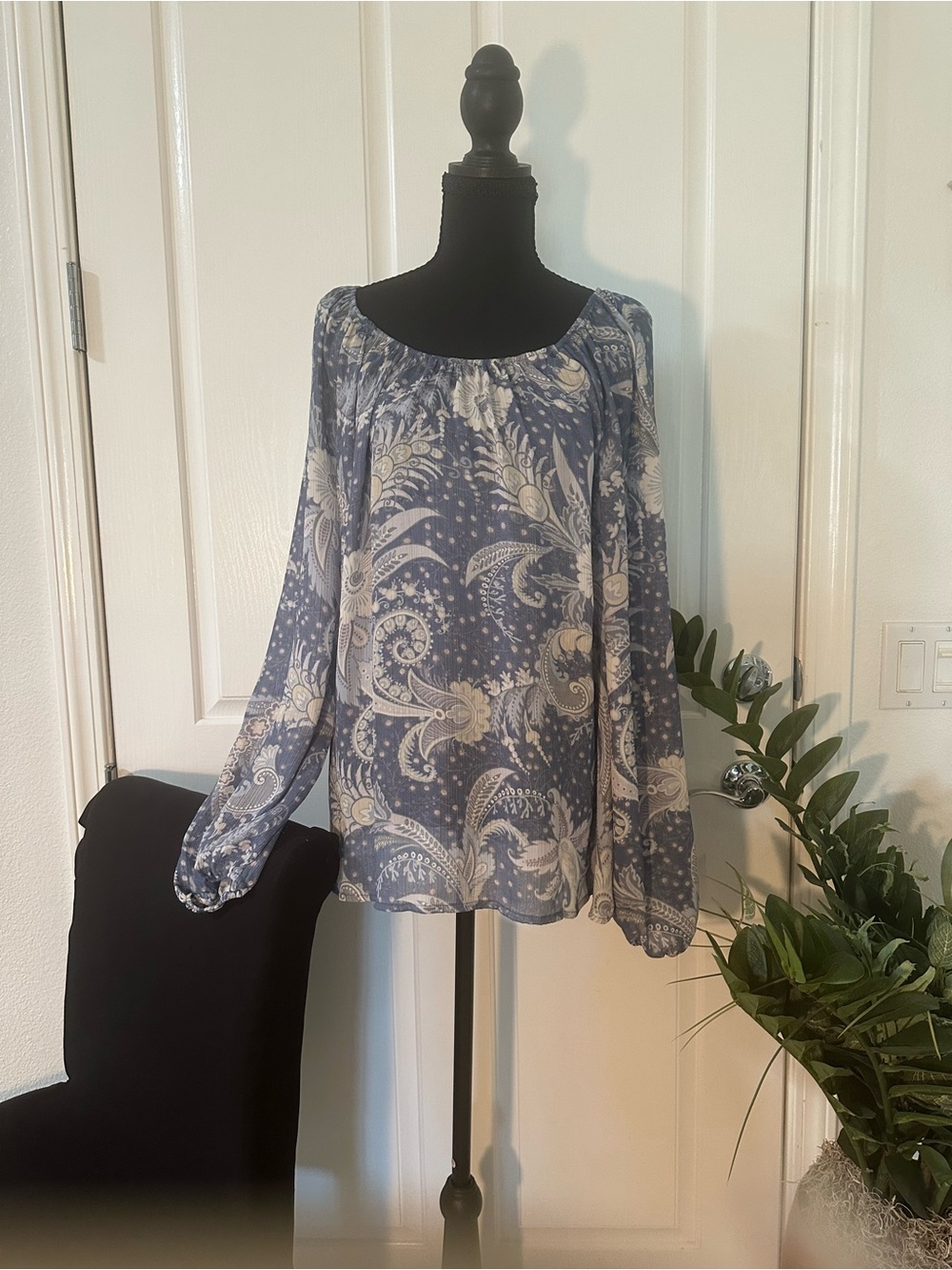 Chaps Blue and White Paisley Peasant Blouse